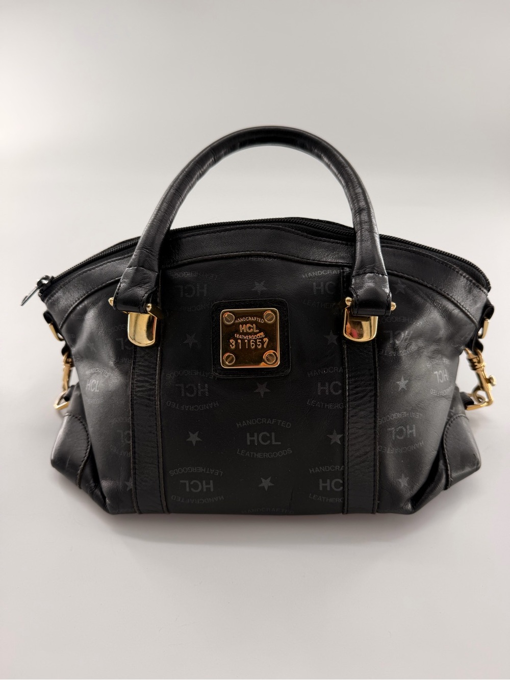 HCL Leather Goods Black Signature Genuine Leather Satchel Purse Bag Monogram VTG
